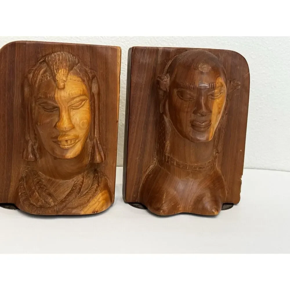 Vintage Hand Carved Wood Figural Bookends Tribal Busts Heavy Solid Vintage Decor